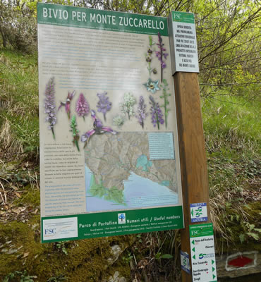 cartellonistica delle specie botaniche e degli animali, presente al bivio per monte Zuccarello e al passo dell'Anchetta